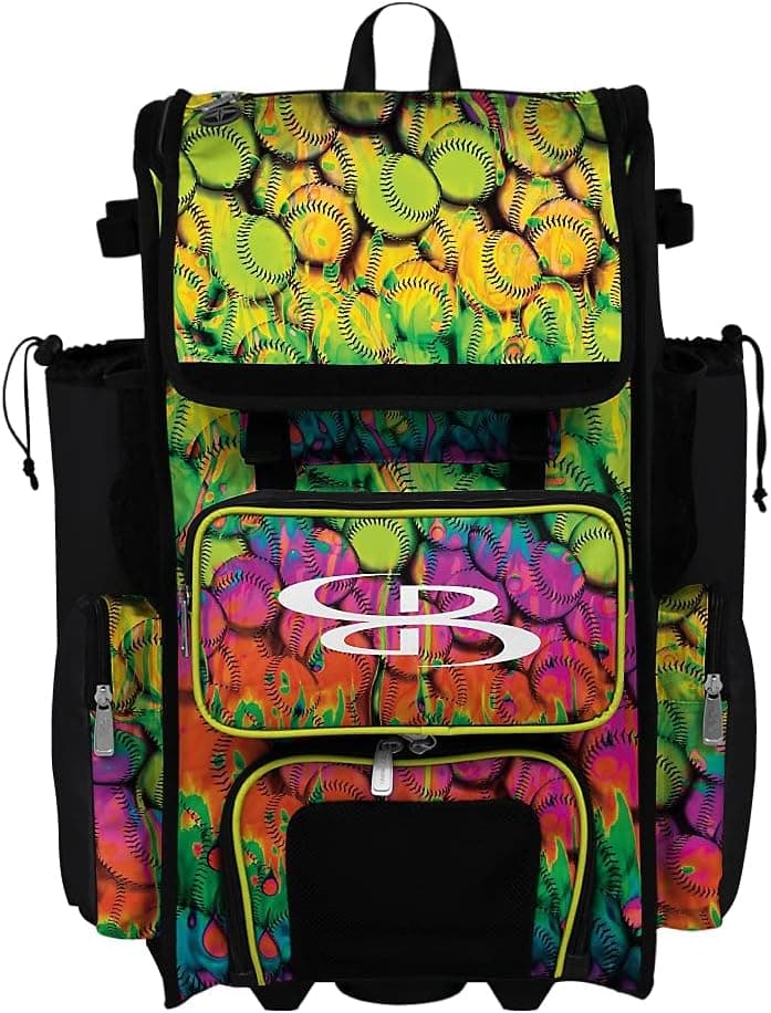 Boombah Rolling Superpack 2.0 Baseball/Softball Gear Bag - 23-1/2" x 13-1/2" x 9-1/2" - Neon Ballpark Multi - Telescopic Handle - Holds 4 Bats - Wheeled Version