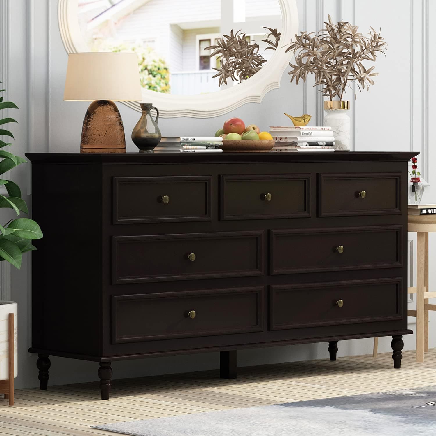 ECACAD Modern Storage Double Dresser with 7 Drawers, Wood Dresser Chest of Drawers with Bronze Handles for Bedroom, Living Room, Espresso (55.2”W x 15.7”D x 29.6”H)