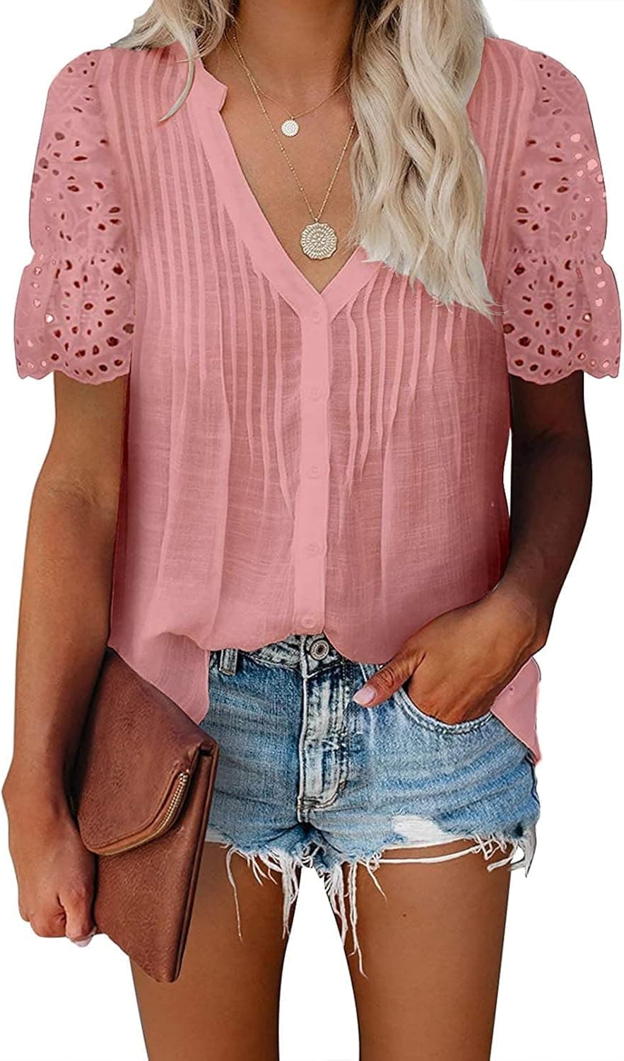 Cisisily Women's V Neck Lace Crochet Tops Casual T Shirts Blouses Tops