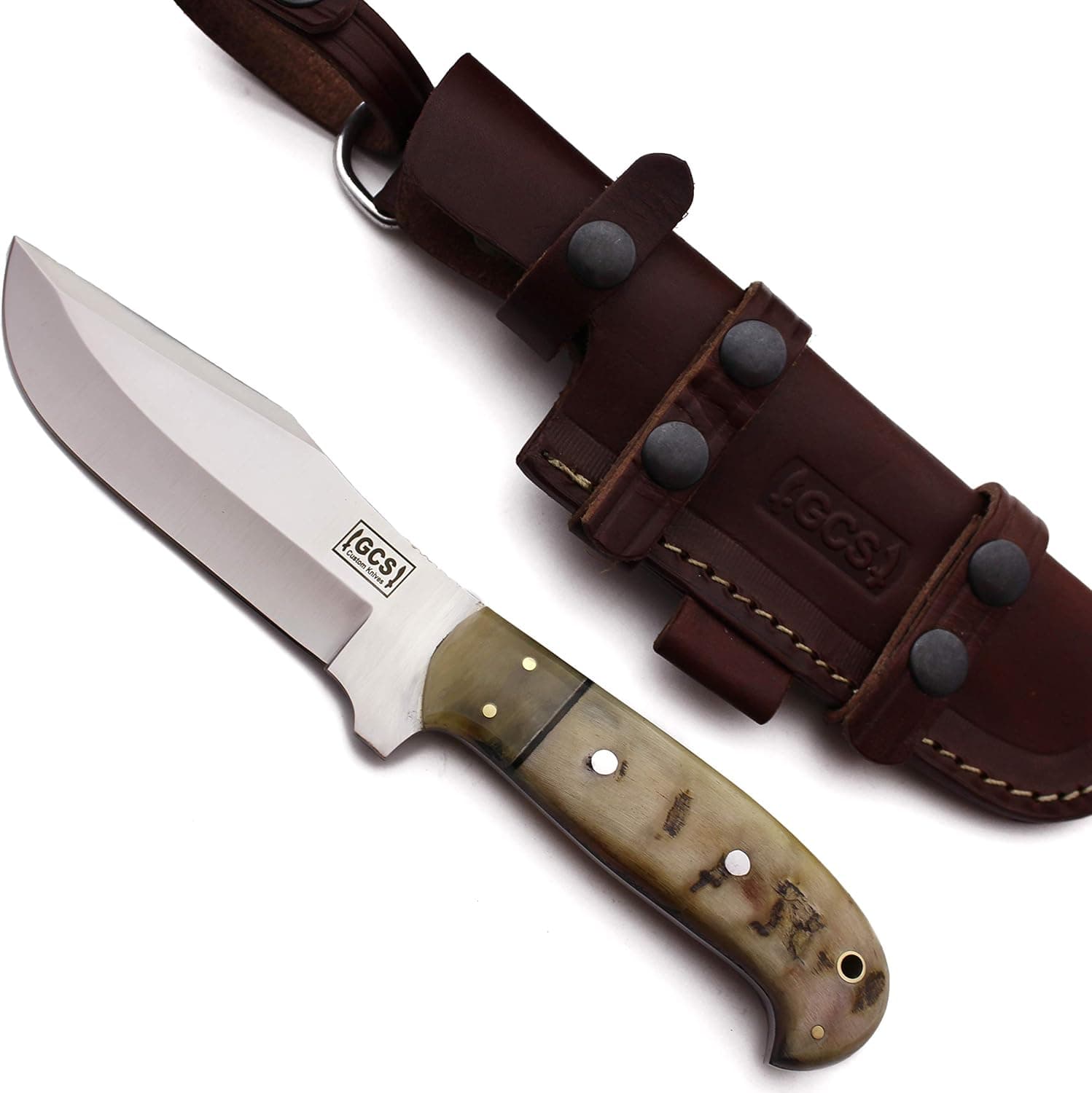 GCS Custom Handmade Sheep Horn Handle D2 Tool Steel Tactical Hunting Survival Knife Buffalo Hide Sheath GCS174