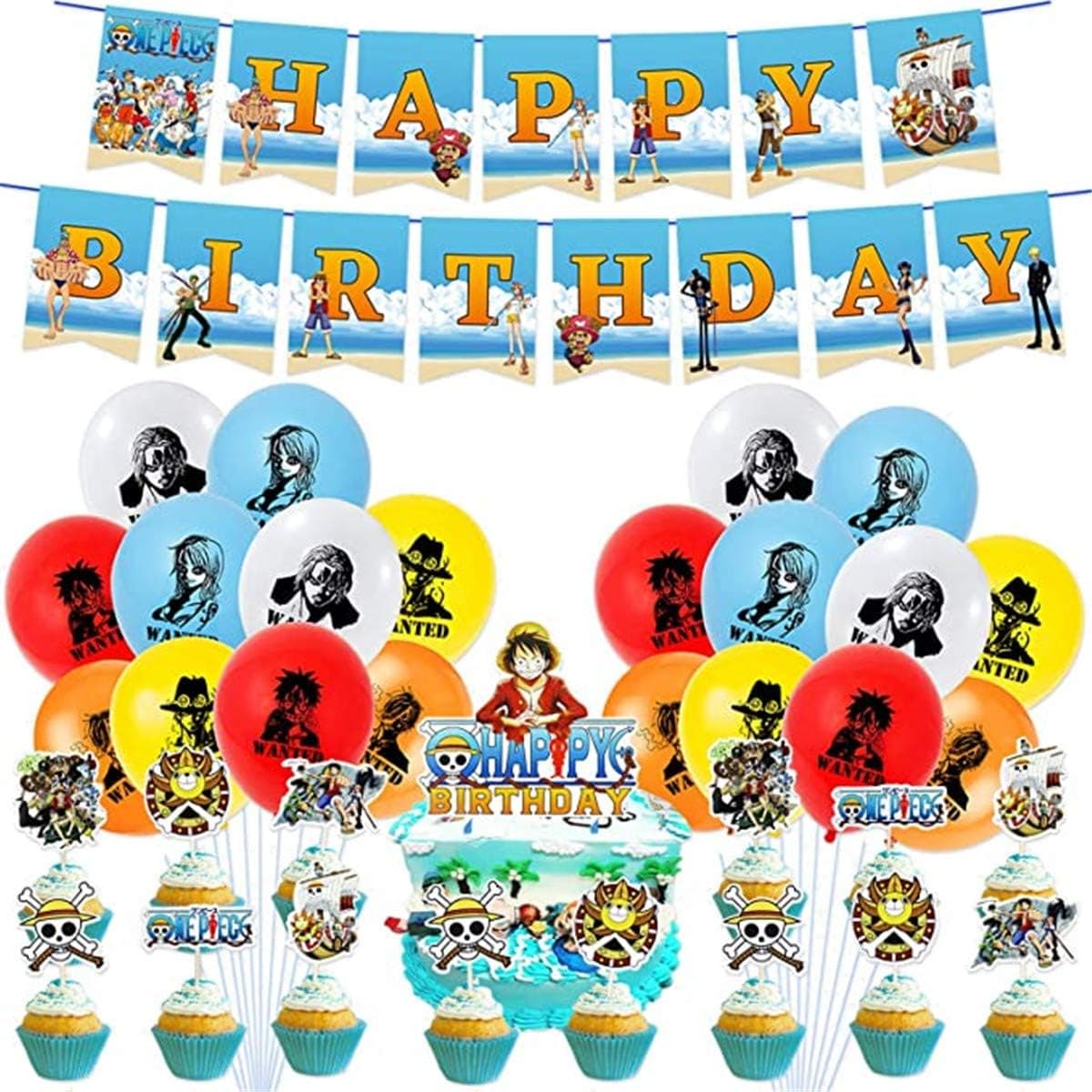 One Piece Birthday Party Decorations One Piece Birthday Party Supplies Including Cake Toppers,Balloon Banner Set for Kids and Boys (46pcs)