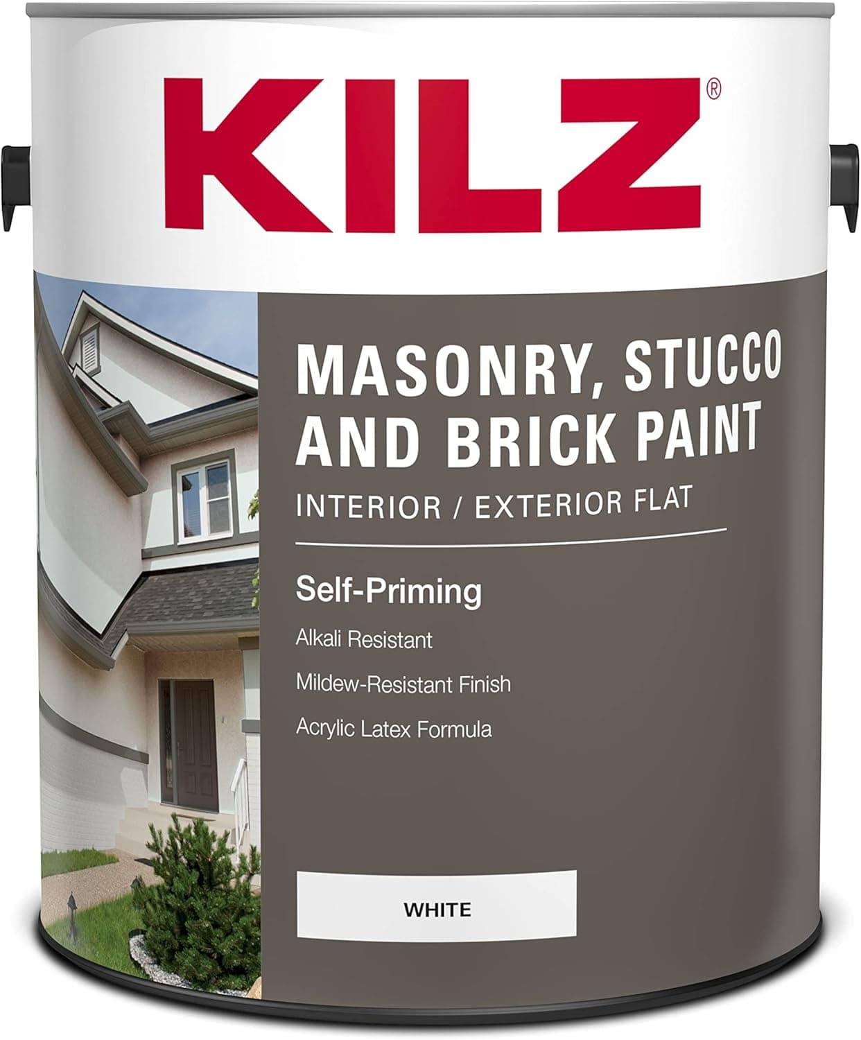 KILZ Self-Priming Masonry, Stucco and Brick Paint, Interior/Exterior, Flat, Angel Wing/Bright White, 1 Gallon