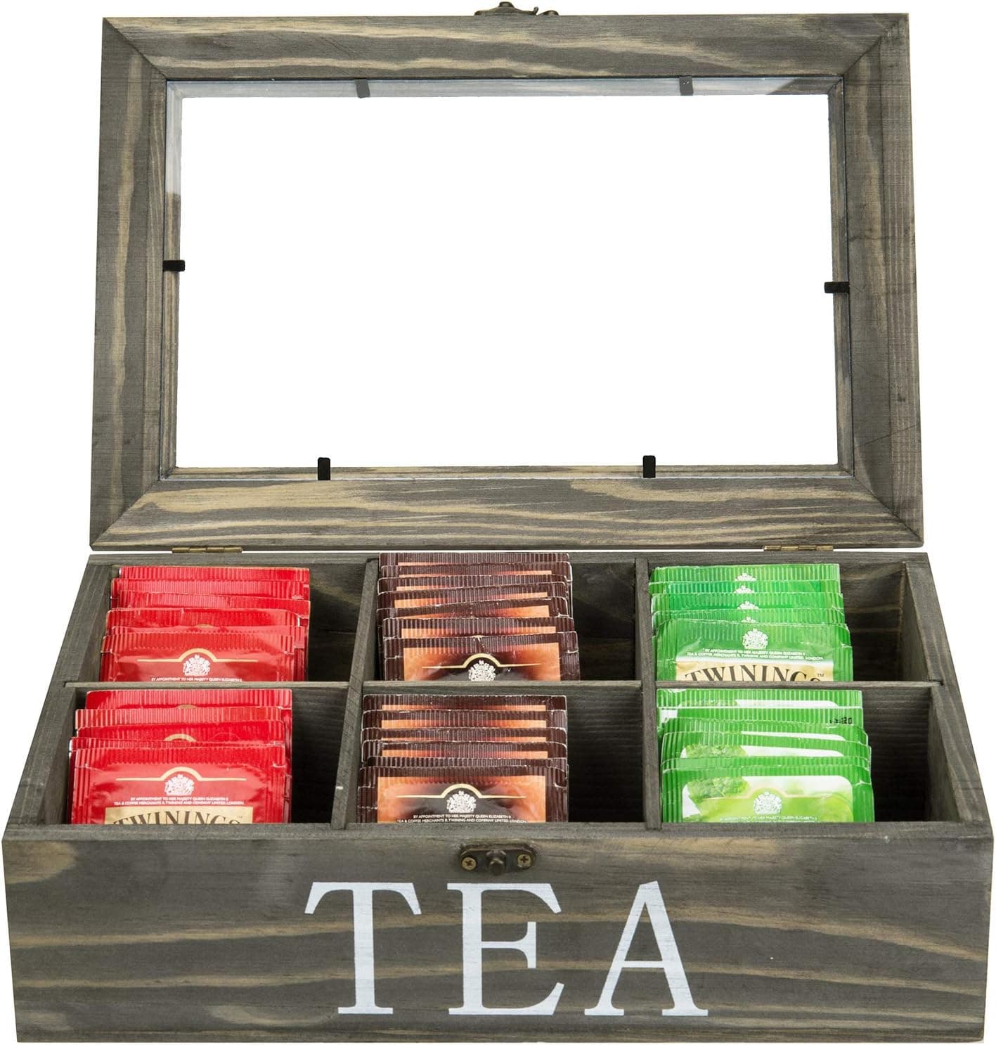 MyGift Vintage Gray Solid Wood Tea Bag Box Organizer Storage Chest with 6 Compartments, Tea Bags and Condiments Packet Holder with Lid with Latch