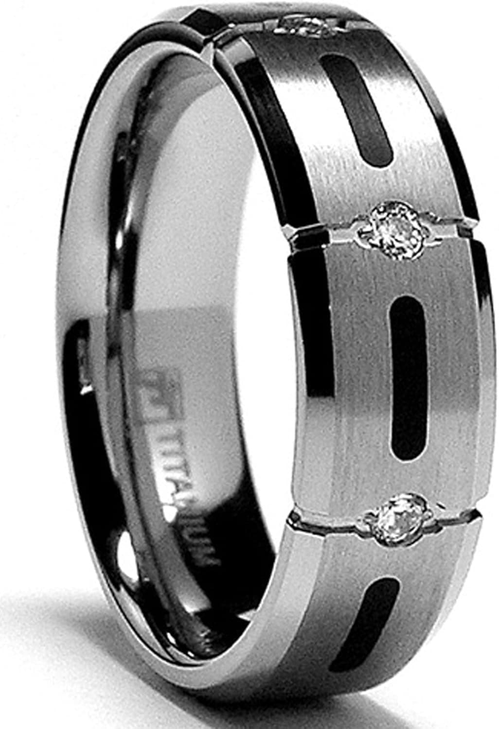 Men's 7MM Titanium Ring Wedding Band with Resin Inlay and 3 Cubic Zirconia CZ