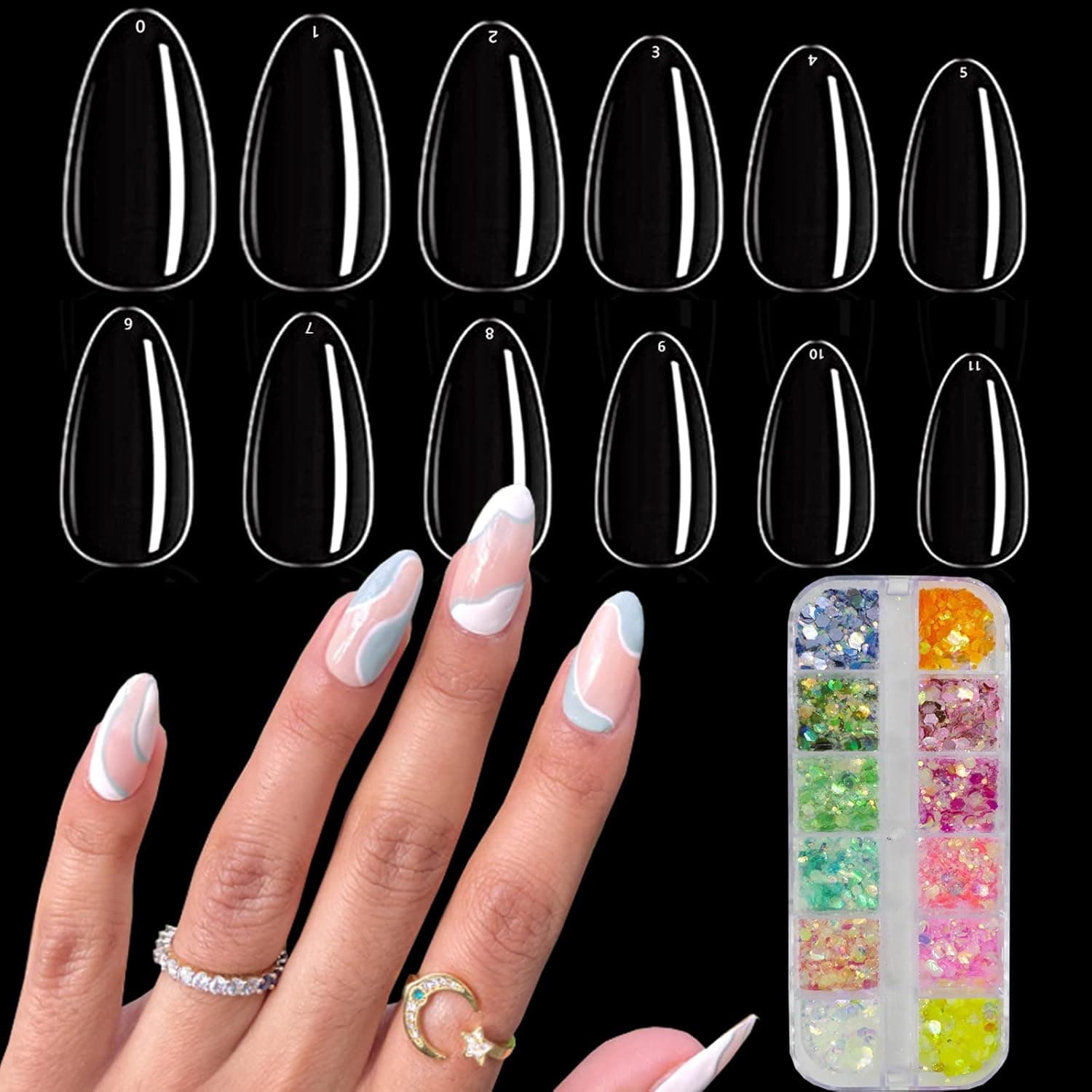 LoveOurHome 600pc Gel X Almond Fake Nails Full Cover Short Stiletto Almond Nail Tips Artificial Fingernails with Iridescent Glitter Flakes