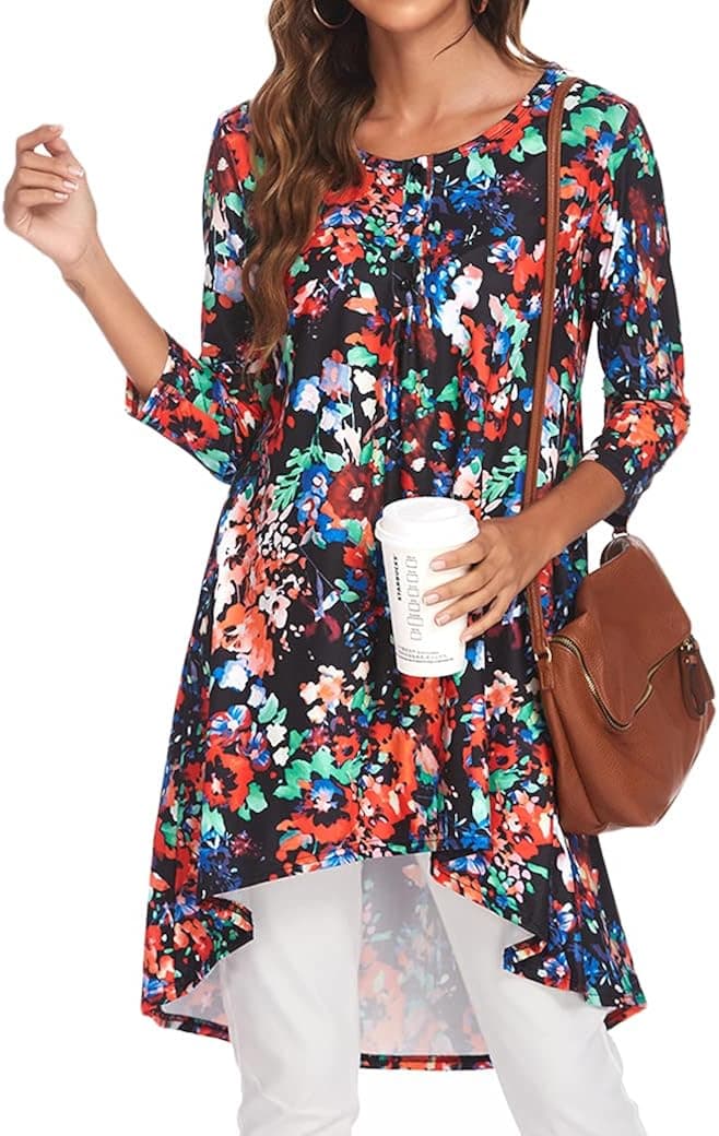 Naggoo Women's 3/4 Sleeve Button V Neck High Low Loose Fit Casual Long Tunic Tops Tee Shirts S-3XL