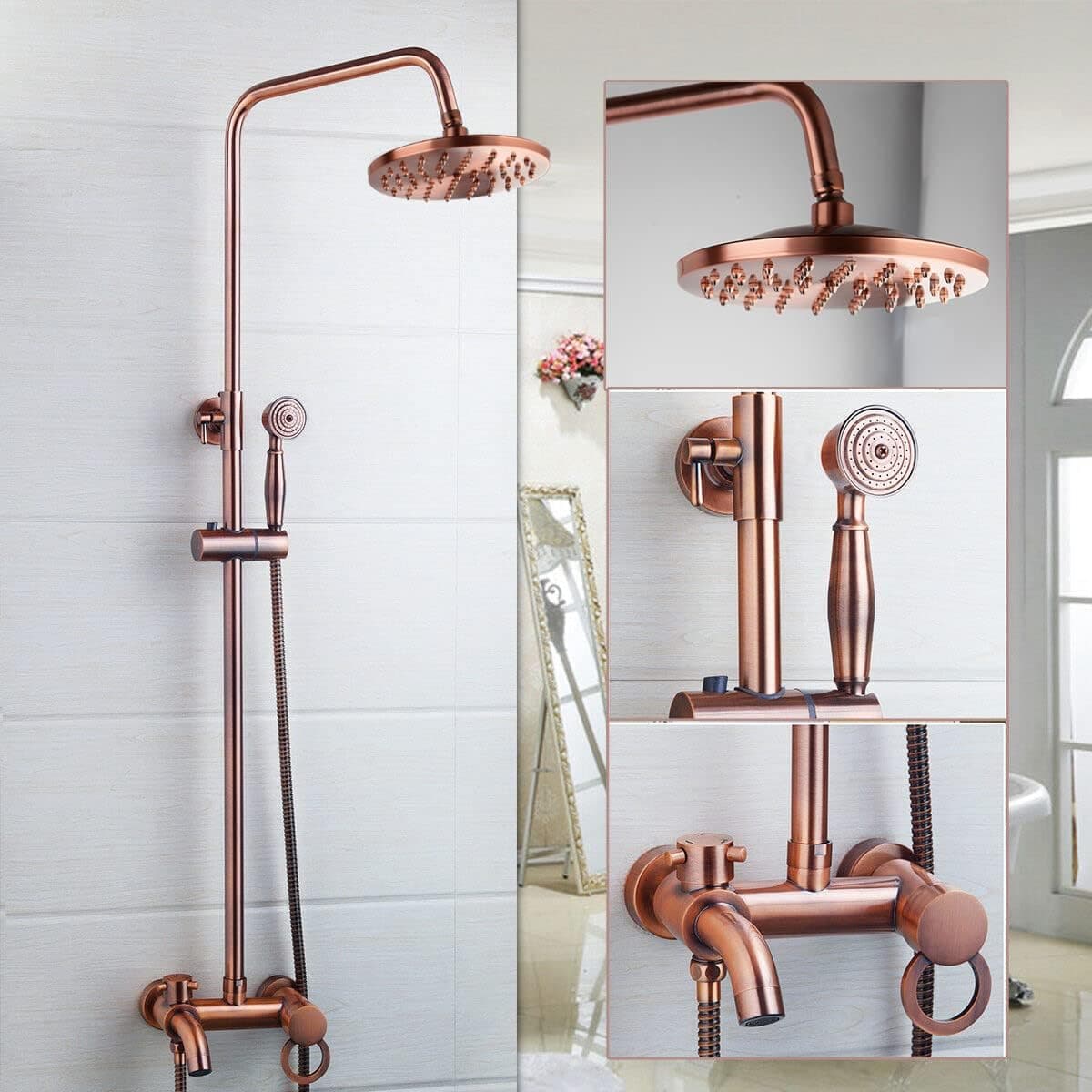Rain Shower System,Wall Mounted Rainfall Shower Set with 8 inch Brass Rainfall Shower Head,Handheld Shower head and Antique Copper Shower Faucet Valve Bathroom Luxury Rain Mixer Shower Combo Set