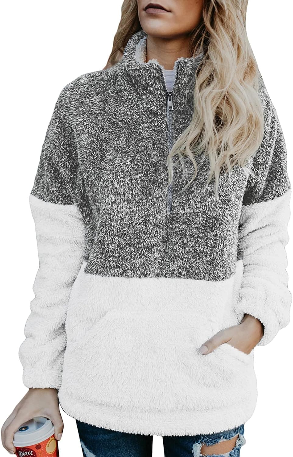 Dokotoo Womens 2023 Fashion 1/4 Quarter Zip High Neck Fluffy Fleece Sherpa Sweatshirt Pullover Outerwear S-XXL