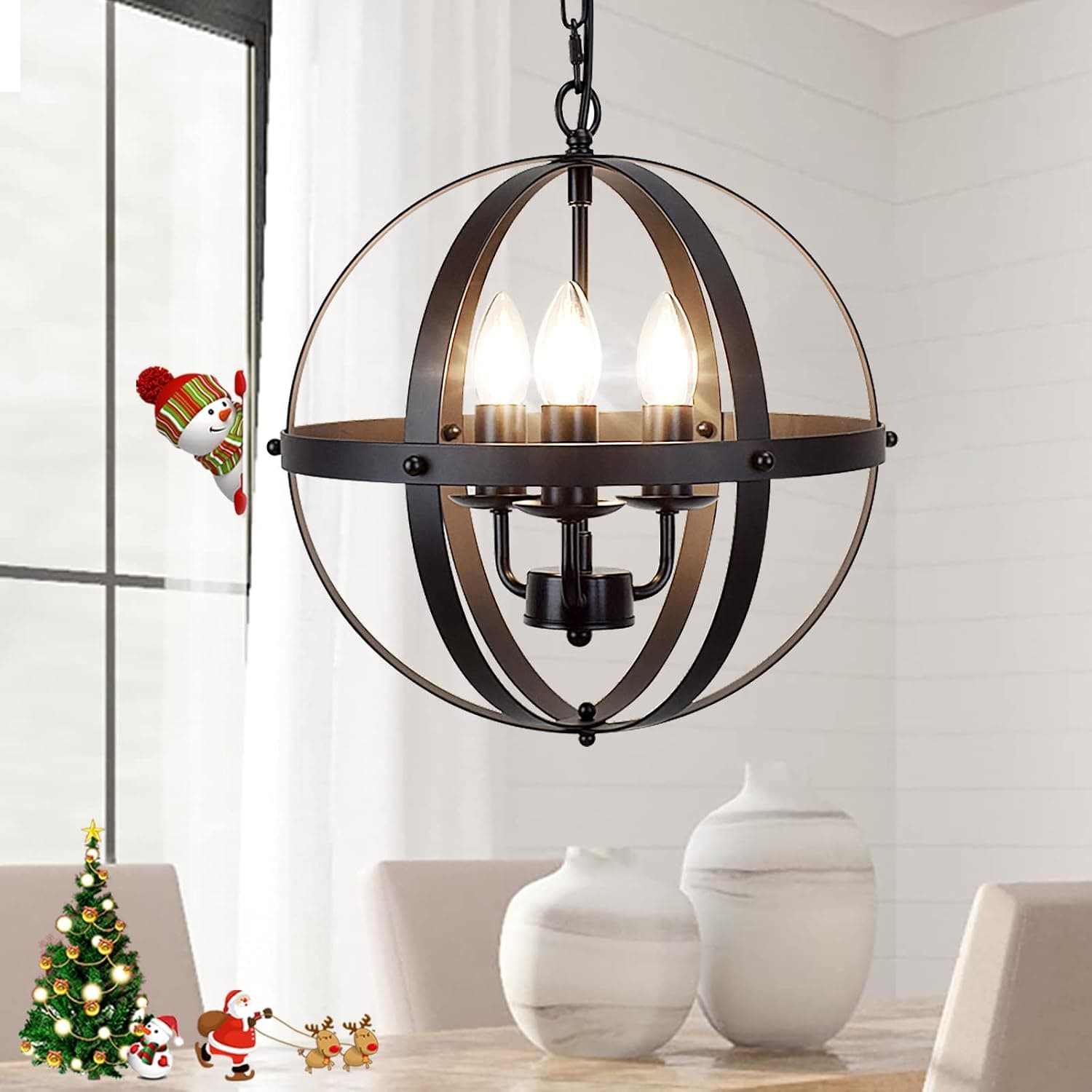 DLLT Vintage Pendant Hanging Light, Flush Mount Ceiling Chandelier Lamp with Metal Spherical Shade for Kitchen, Dining Room, Living Room, Hallway, Bedroom, Entryway 3-Light, E12 Base-Matte Black