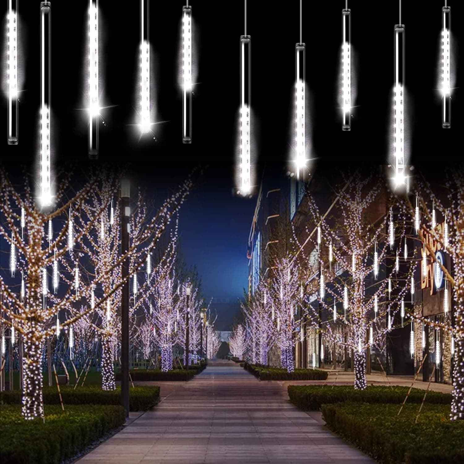MAOYUE Meteor Shower Lights, 16 Tubes 640 LED Icicle Lights Outdoor Christmas Decorations Lights Waterproof Cascading Lights for Holiday Decorations, Tree, Eaves, Roof, Yard, Garden, Party, Cold White