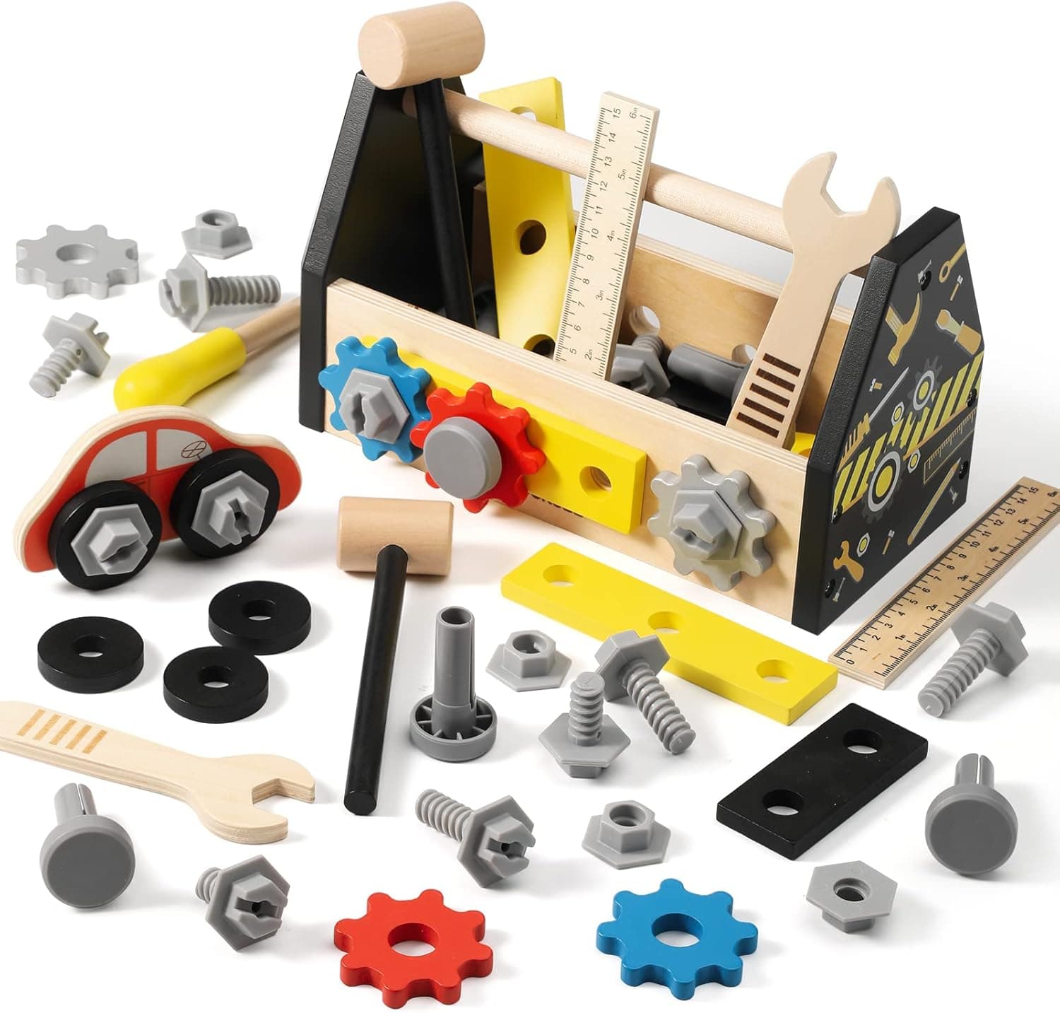 Dorjee Kids Tool Set with Accessories, Wooden Toy Tools for Toddler Age 3-5 Pretend Play, Take-Along Construction Toys for Preschool Learning Activities, Easy to Organizer and Storage,Black