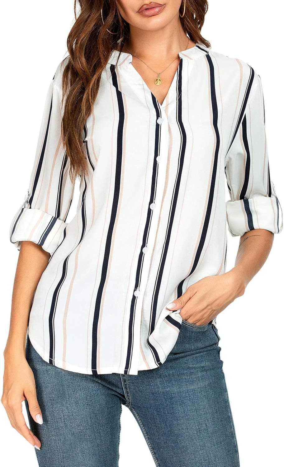 LittleMax Chiffon Blouses for Women,Woman Shirts Fashion Loose Long Sleeve Summer V Neck Button up Color Block Stripes Casual Peasant Tops and Tee White M