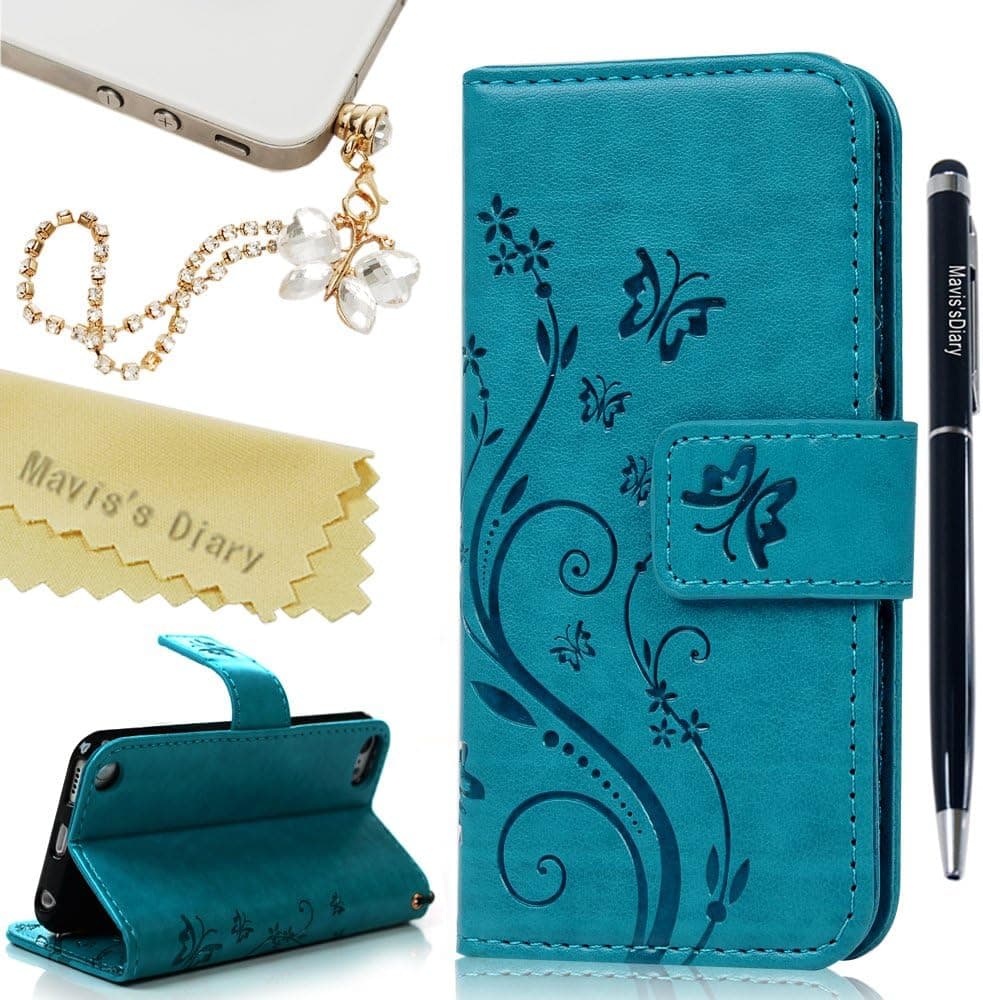 iPod Touch 6 Case,Touch 5 Wallet Case, Mavis's Diary Fashion Embossed Floral Butterfly PU Leather Flip Stand Cover & Wrist Strap Card Holders for iPod Touch 5th/6th Generation & Dust Plug & Pen - Blue