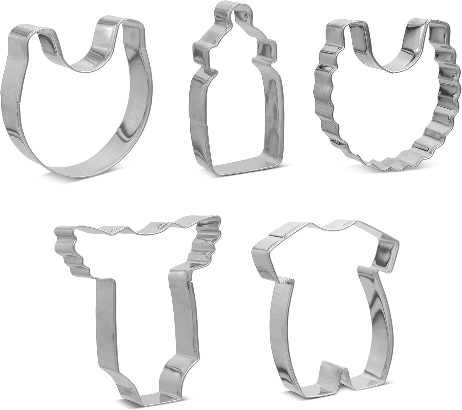 Baby Shower Cookie Cutters Set of 5 Stainless Steel Professional Quality Includes Baby Bib, Frilly Baby Bib, Baby Bottle, Baby Onesie & Frilly Shoulder Baby Suit Cookie Cutters - Baking Accessories