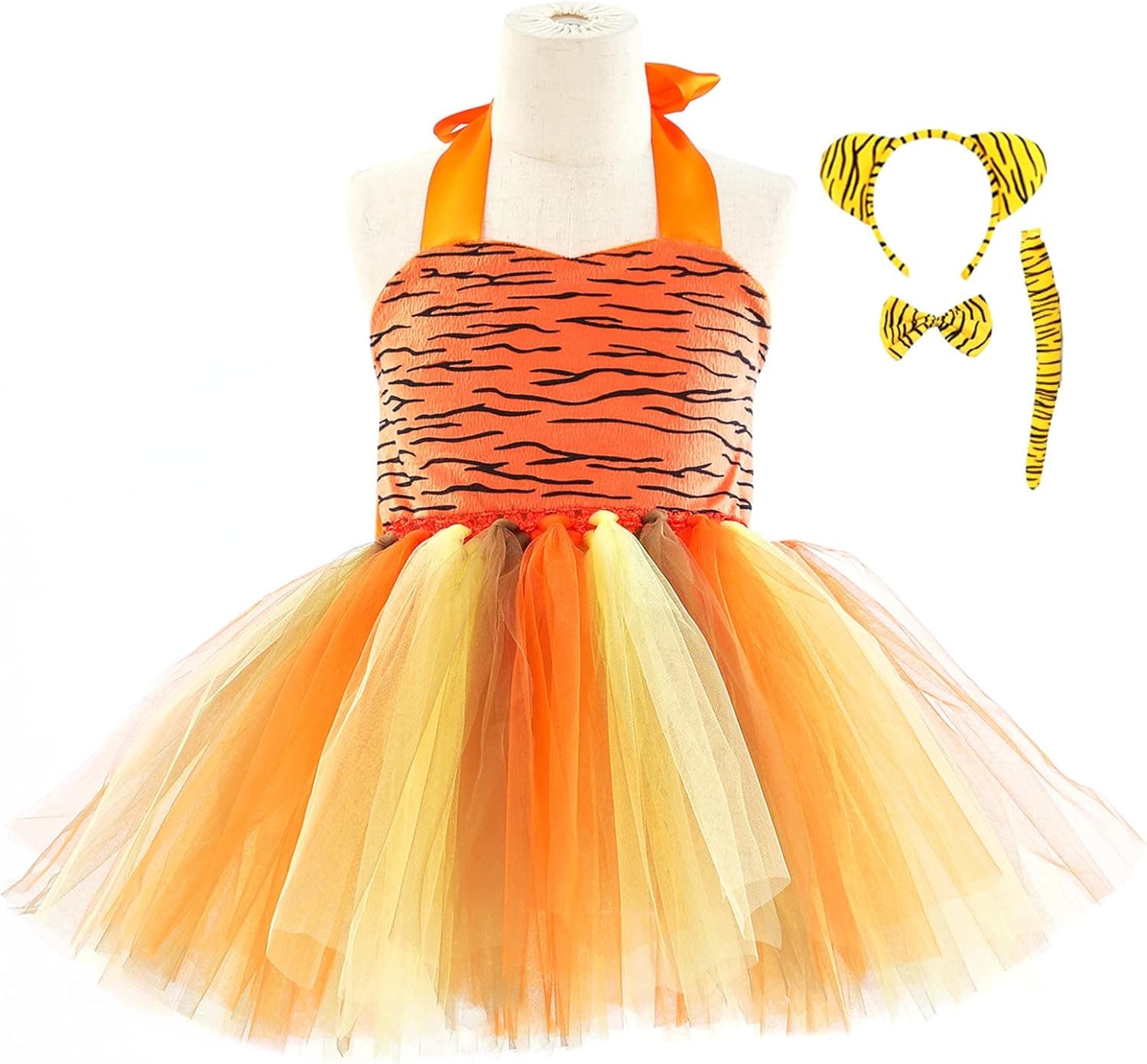 iminfit 4pcs Girls Animal Costume 3D Leopard Tiger Tutu Skirt with Ear Headband Bowtie Tail Fancy Costume Kits for Halloween Dress Up