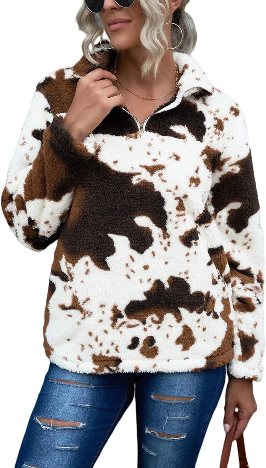 EARKOHA Womens Plus Size Long Sleeve Casual Zip Collar Cow Print Fleece Sweatshirt Tops