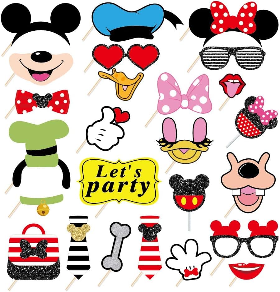 25 Cartoon Animals Mickey Red, Yellow and Black Party Theme Birthday Props Props Supplies Photo Lane, Mickey Theme Selfie Props, Minnie Birthday Party Supplies, Photography Background Decoration