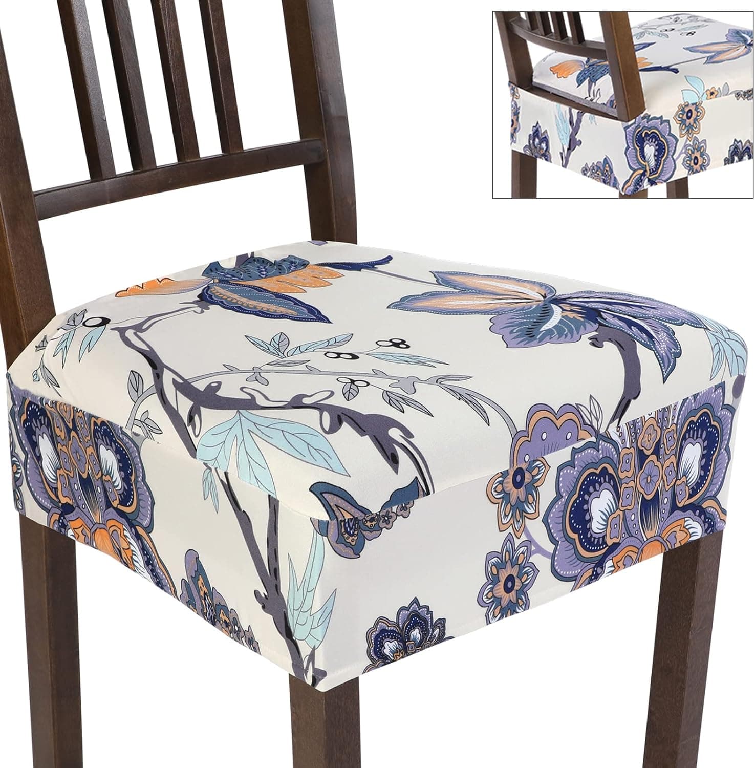 SearchI Chair Seat Covers for Dining Room, Stretch Removable Washable Chair Seat Protector Slipcovers Cushion Covers for Kitchen, Office Fast Installation(Set of 4, Beige/Blue)