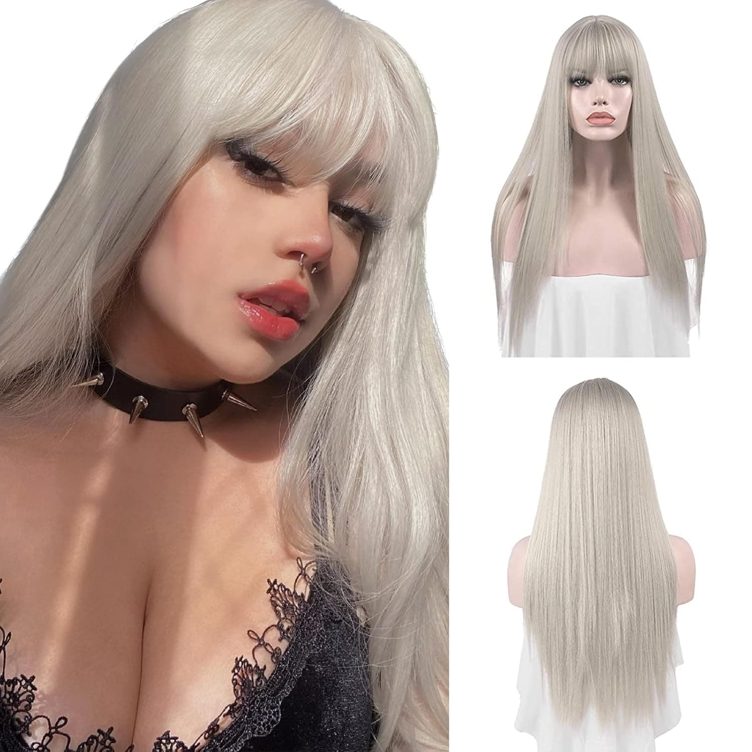 SOFEIYAN 26 inches Long Straight Wig with Bangs Ash Brown Blonde Synthetic Hair Replacement Wigs Heat Resistant Full Wig for Women Girls