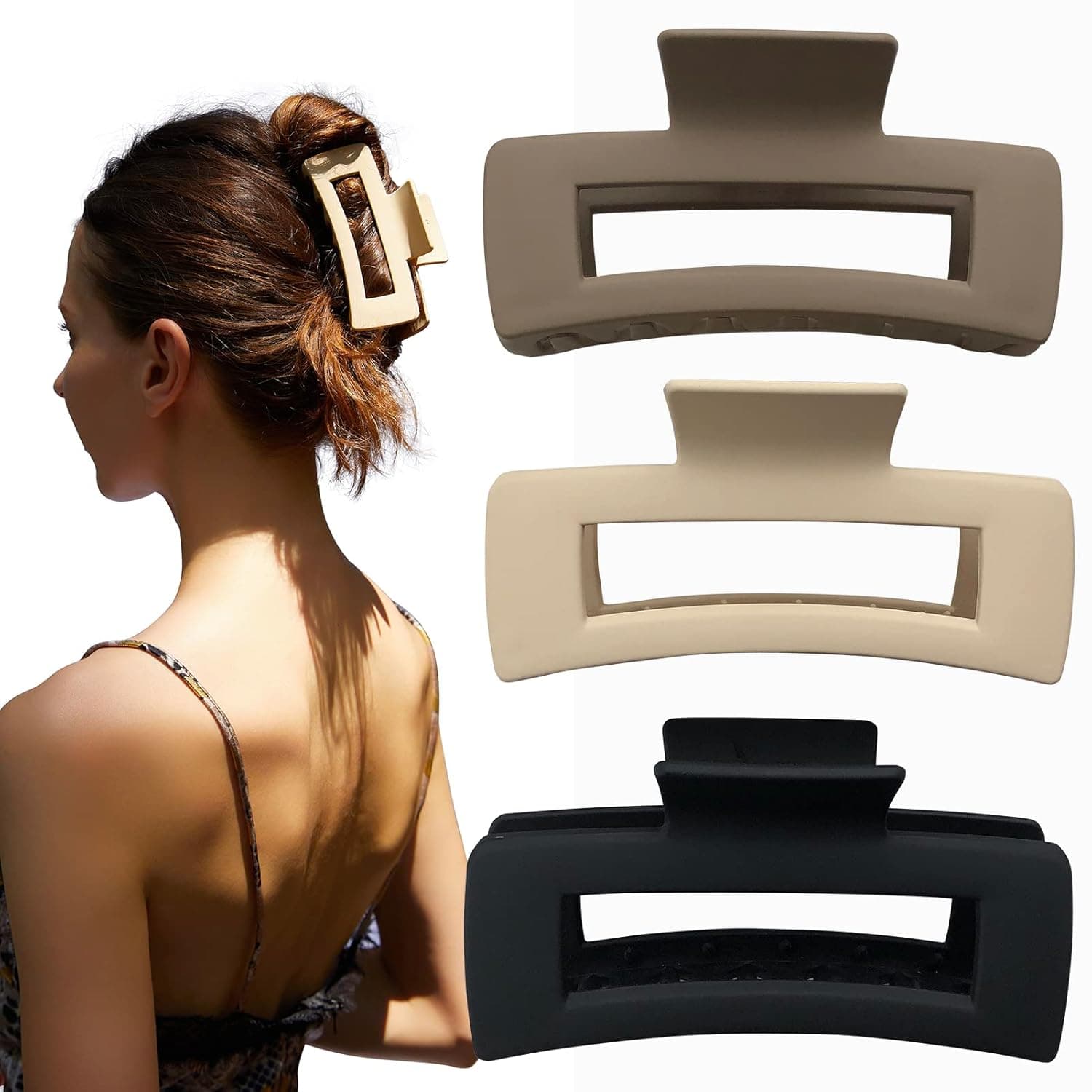 Venhay Hair Claw Clips Large Rectangle 4 Inch Matte No Slip Jaw Clip for Thick Curly Staight Long Hair Women and Girls, 3 Pack