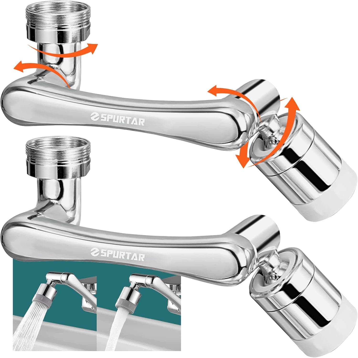 Spurtar 1440° Faucet Extender 2 PCS, 2 Outlet Mode 1080° Rotatable Faucet Aerator + 360° Swivel Faucet Attachment Multifunctional Extension, Splash Filter Kitchen Faucet Extender for Bathroom Sink