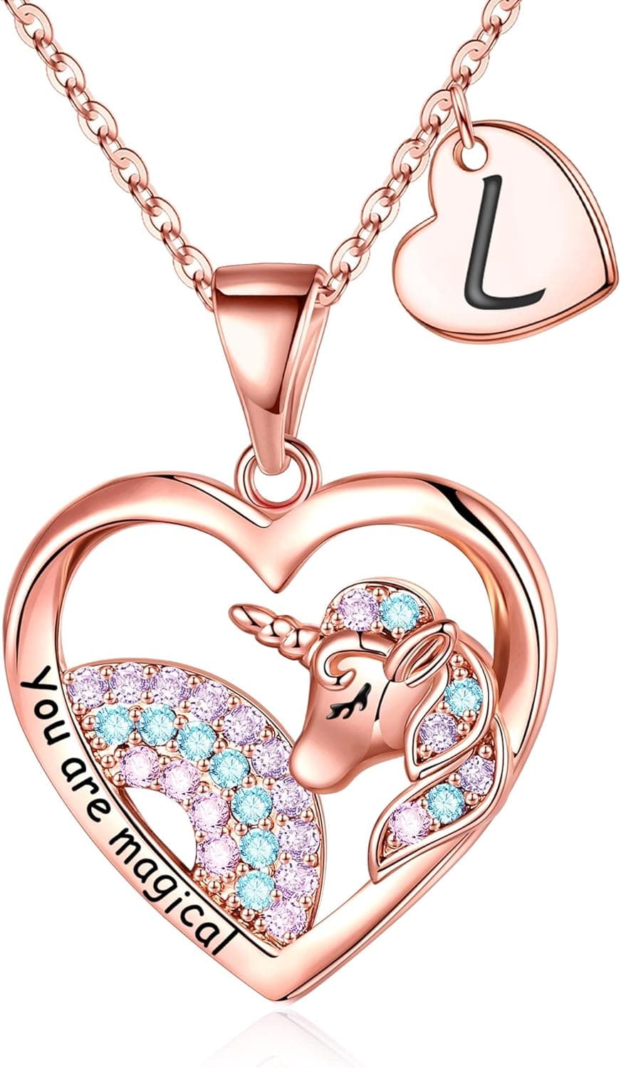 IEFRICH Unicorns Gifts for Girls Necklaces, Rose Gold Plated Heart Unicorn Necklaces for Women Girls Initial Necklaces for Women Girls Unicorn Jewelry Gifts for Girls Graduation Gifts for Her Girls