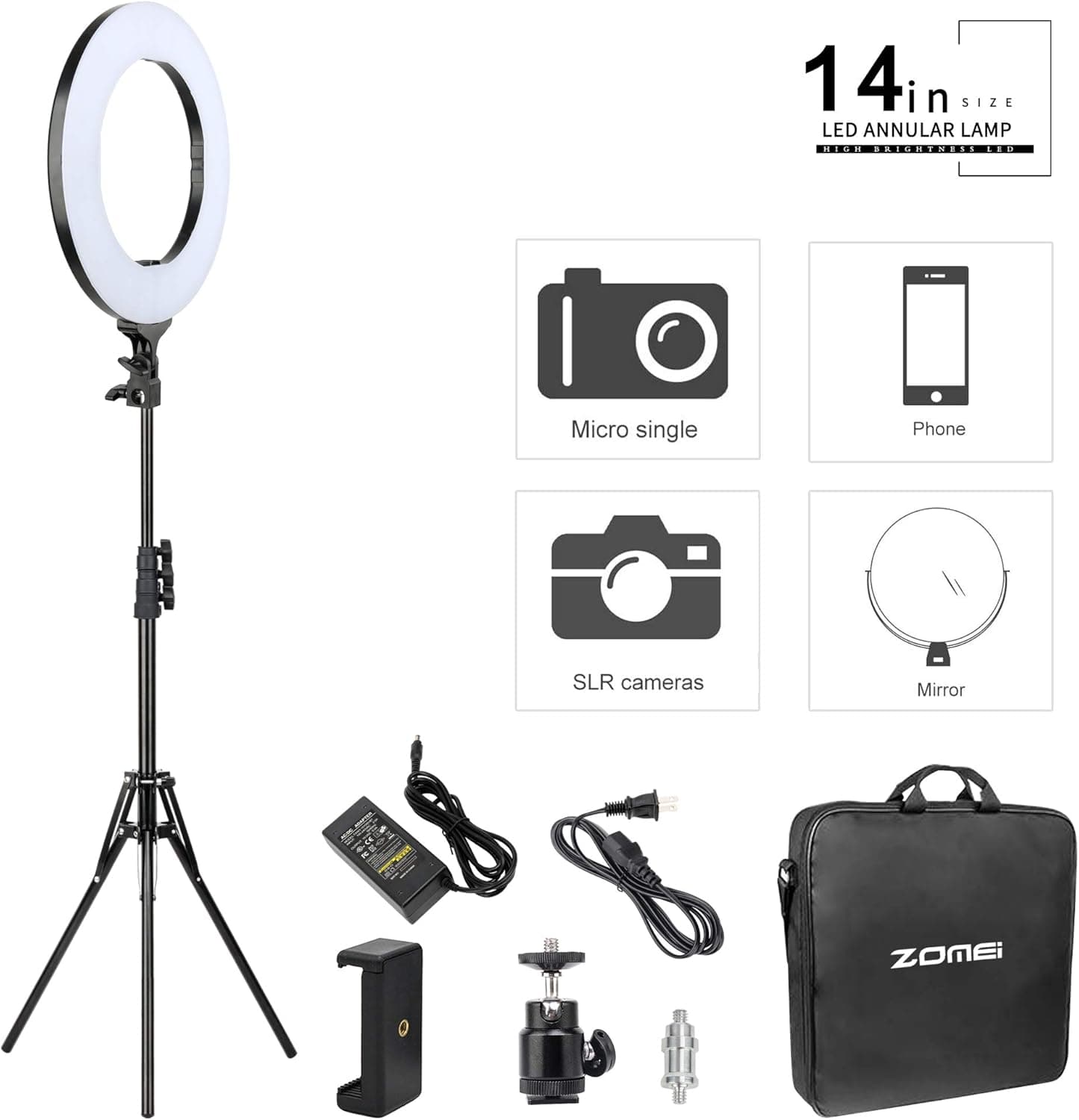 ZOMEI 14" 41W 2700-5500K Dimmable LED Ring Light Photography YouTube Live with Phone Clamp,Ball Head and Light Stand Adjustable for Makeup,Camera Smartphone Photo/Video,Portrait Photography Shooting