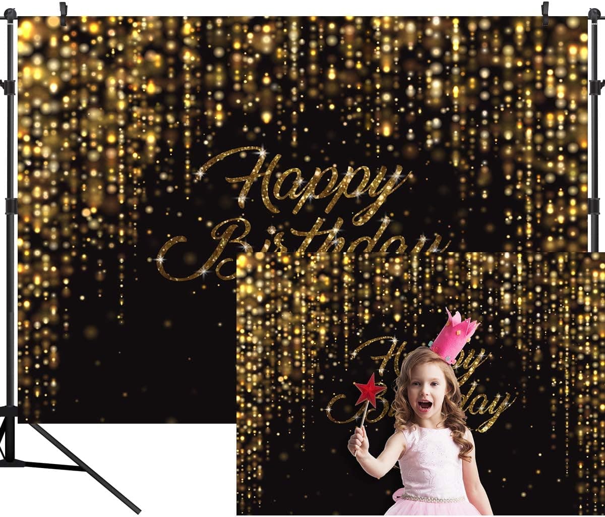 OUYIDA Happy Birthday Party Backdrop Black and Gold Glitter Bokeh Sequin Spots Photography Background Golden Sparkle Shining Dots Baby Adult Abstract Banner Cake Table Decoration 7X5FT PCK91