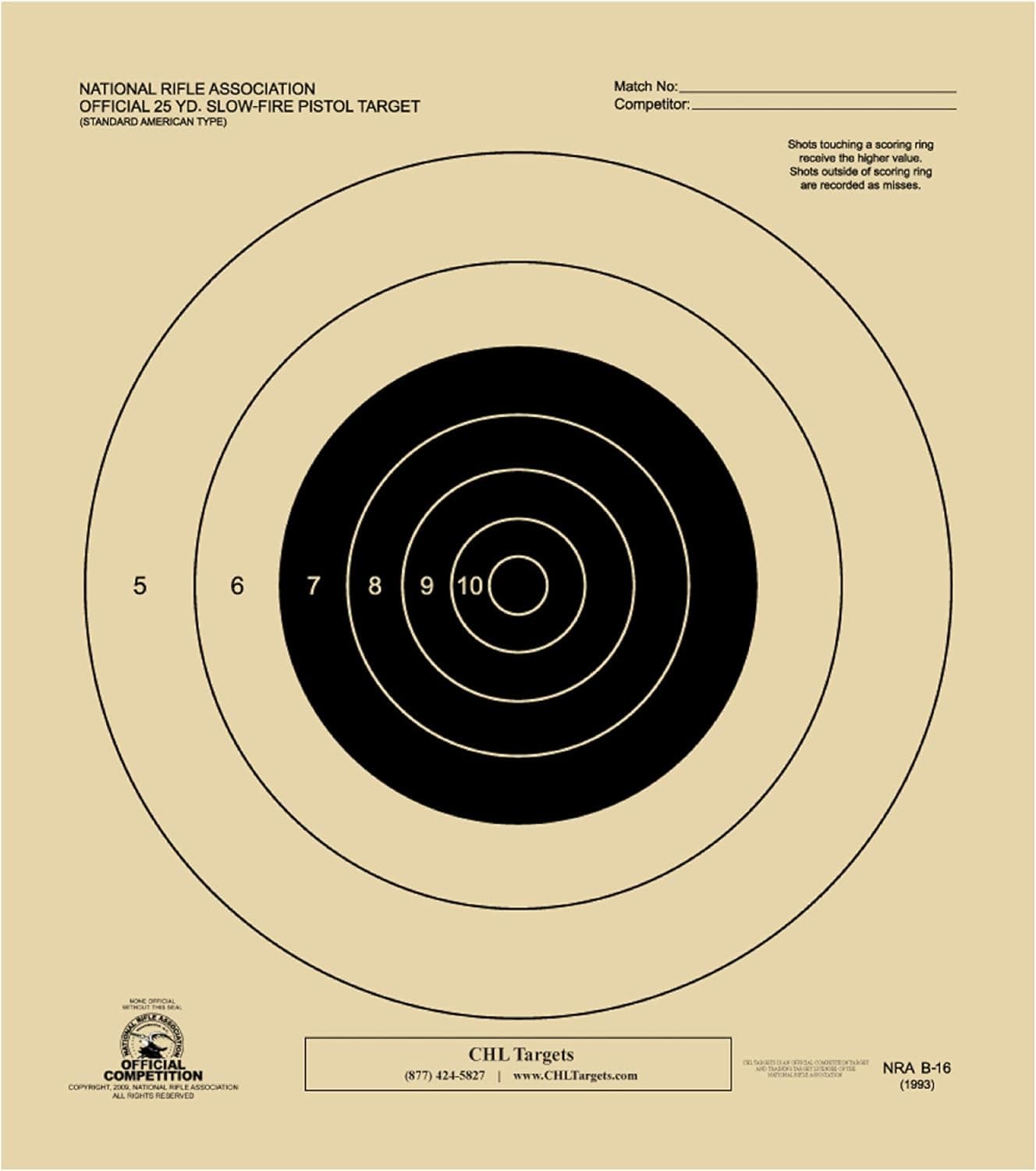 25 Yard Slow Fire Pistol Target, Official NRA Target B-16, Bullseye Target, Archery, Gun, Rifle, Pistol, Airsoft, BB Gun, Air Rifle