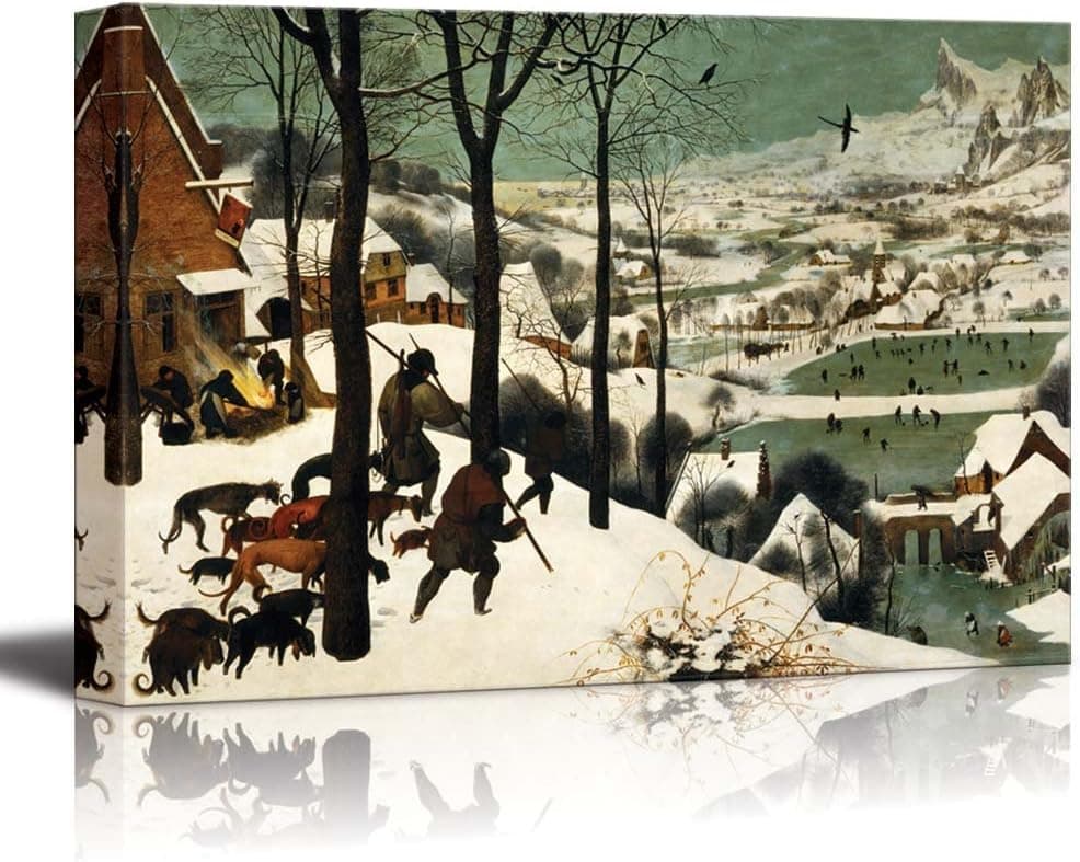 Hunters in The Snow (Winter) by Pieter Bruegel The Elder Famous Fine Art Reproduction World Famous Painting Replica on ped Print Wood Framed - Canvas Art Wall Art - 24" x 36"