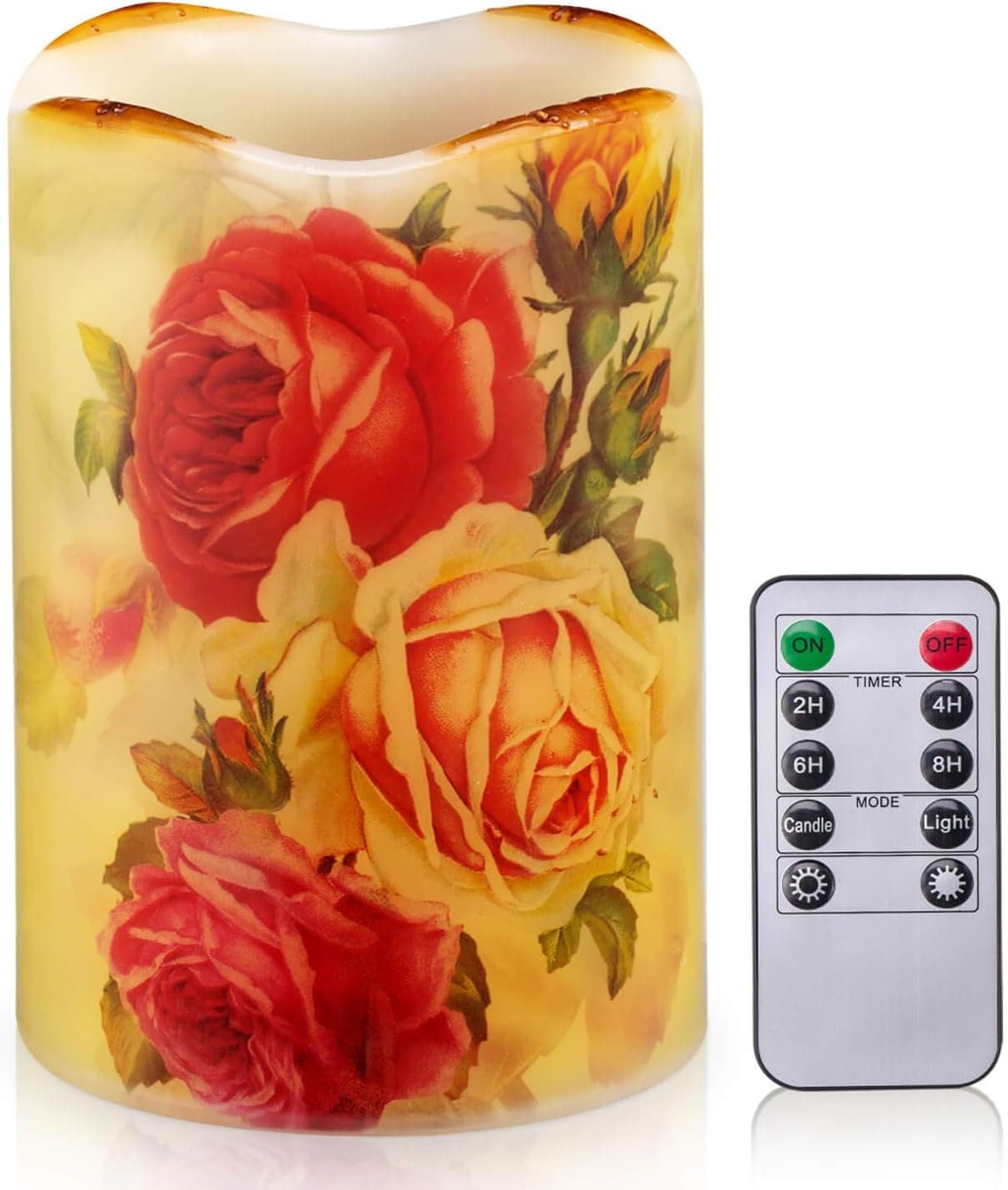 Flameless Candle Flickering Rustic Roses Battery Operated LED Candle Real Wax Pillar with Remote Timer, Home Decor Dripless Flower Candle