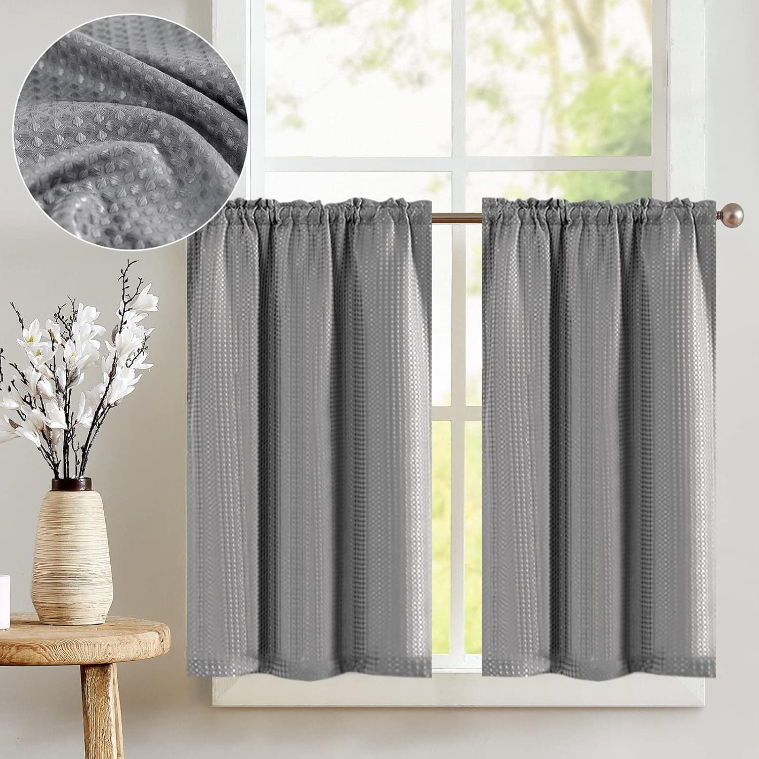 Vangao Grey Kitchen Curtains 36 Inch Tier Curtains Waffle Textured Cafe Curtains for Bathroom Farmhouse Country Semi Sheer Short Window Curtain Rod Pocket 2 Panels