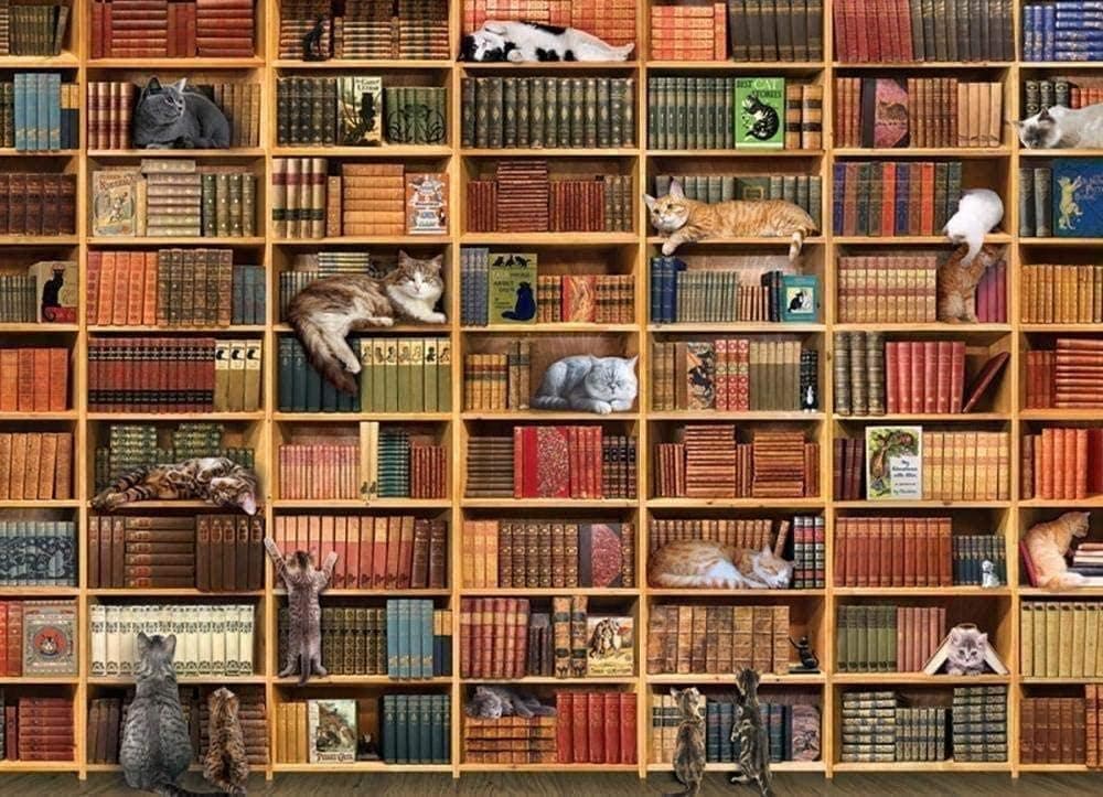Jigsaw Puzzle 1000 Pcs Wooden Jigsaw Kits The Cat Library Educational Intellectual Decompressing Fun Game for Kids Adults 75×50Cm