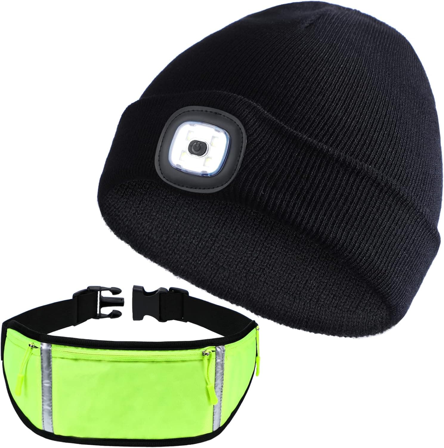 Unisex Beanie Hat with LED Light USB Rechargeable LED Beanie Cap Headlamp Running Belt Set Visor Hat Unisex Flashlight Warm Knitted Hats for Men Women Dad Teens Running Traveling Outdoor Sports