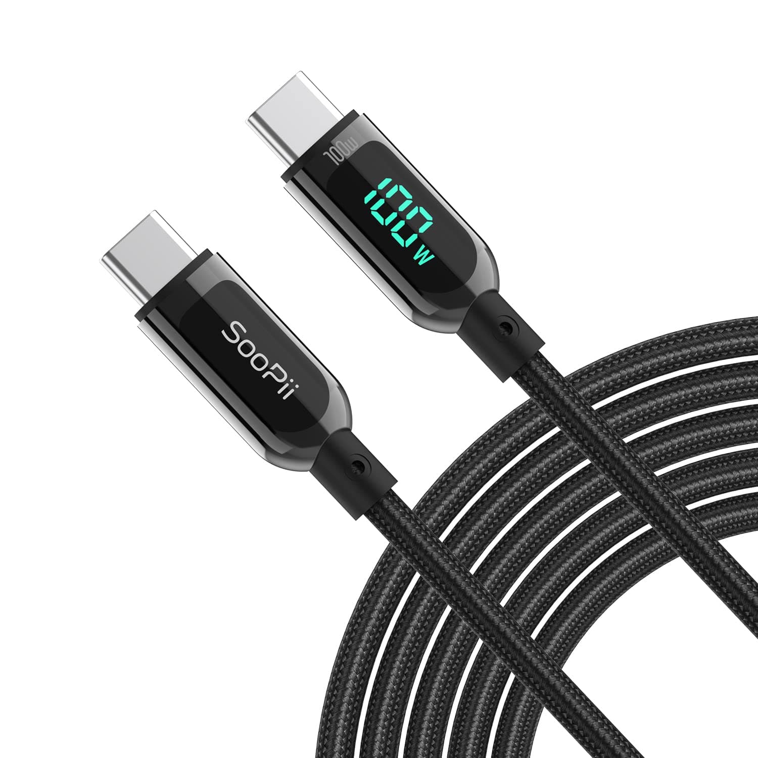 SOOPII 100W 6.6ft USB C to USB C Cable Fast Charge, Nylon Braided Type-C Cable with LED Display for lPad Air/lPad Pro, MacBook Pro, Samsung Galaxy S21/S10/S9/Plus (Black)