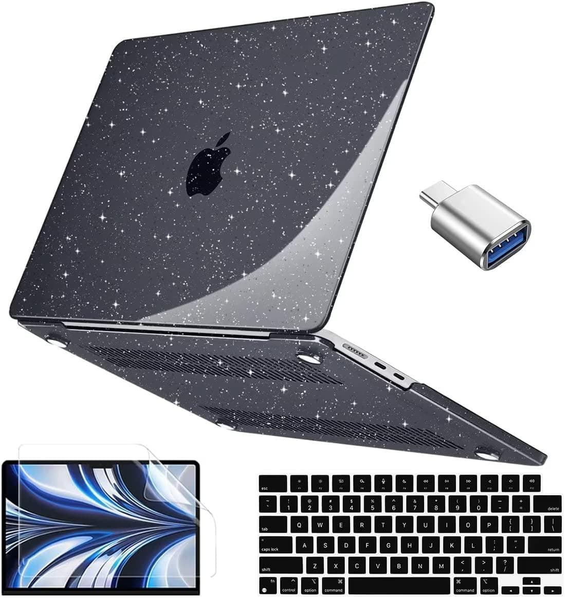 Conbovo Compatible with MacBook Air 13 inch Case 2022 M2 A2861, Plastic Hard Shell Case & Keyboard Cover & Screen Protector & USB C to USB 3.0 Adapter, Sparkly Black