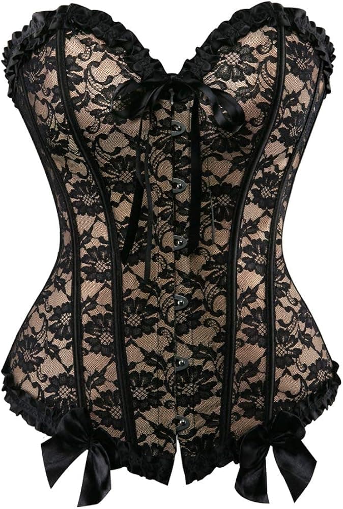 Womens Floral Black Lace Trim Corset Overbust Waist Cincher Bustier Top