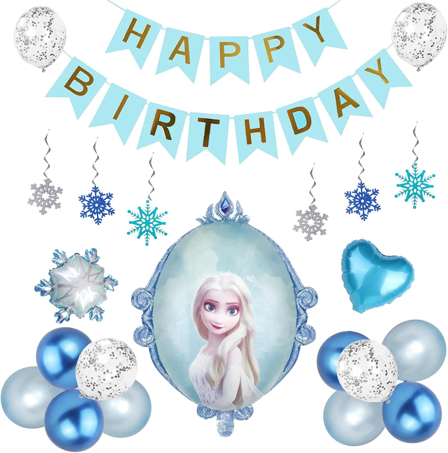 KARAQY Frozen Birthday Party Supplies, Snowflake Swirls Decoration, Happy Birthday Banner, Blue Princess Foil Balloon for Birthday Party Decorations