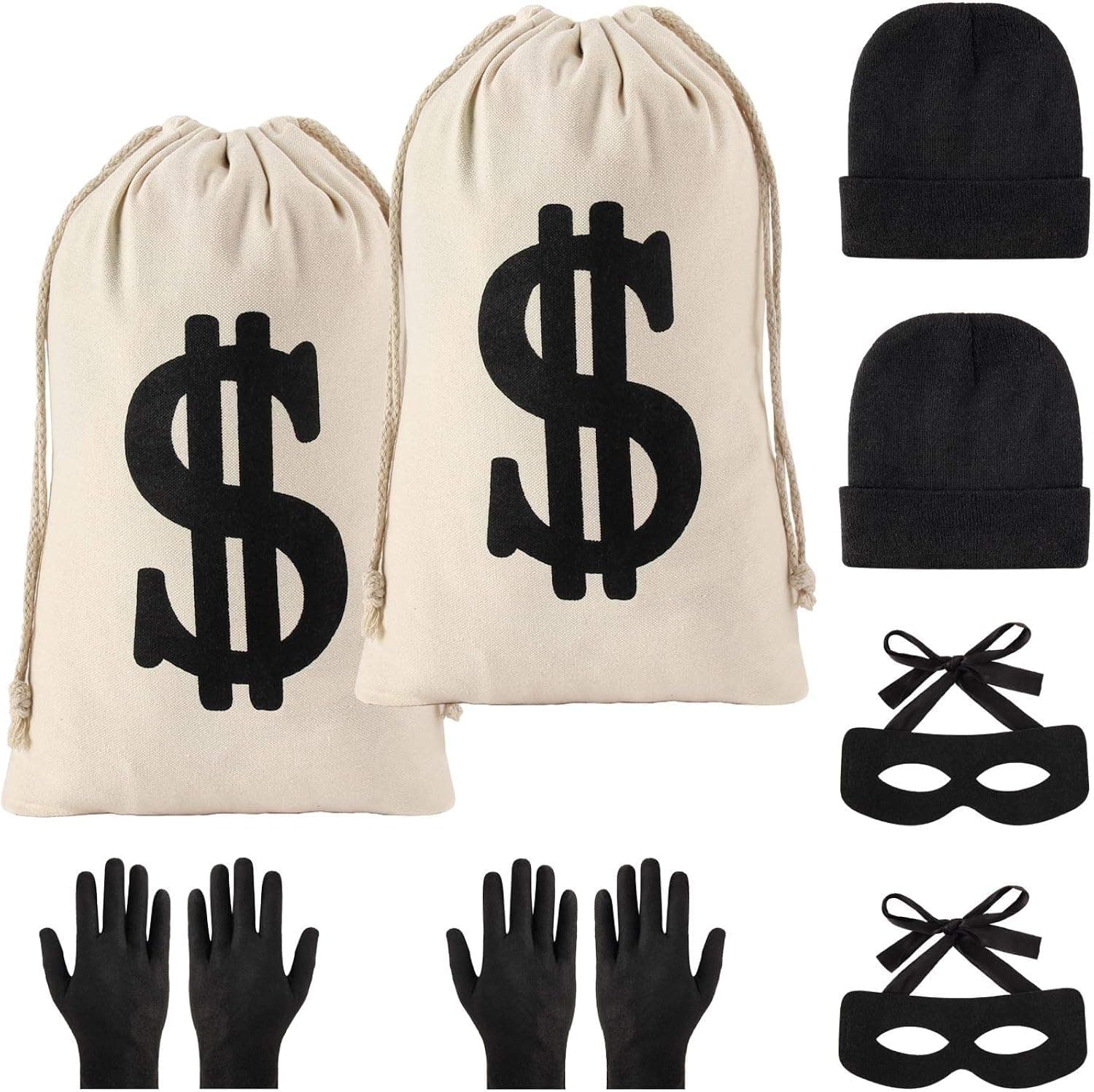 YAROMO 8 Pieces Robber Costume Set, Include Canvas Dollar Sign Money Bags Bandit Eye Mask Knit Beanie Cap Gloves for Halloween Cosplay Burglar Theme Party
