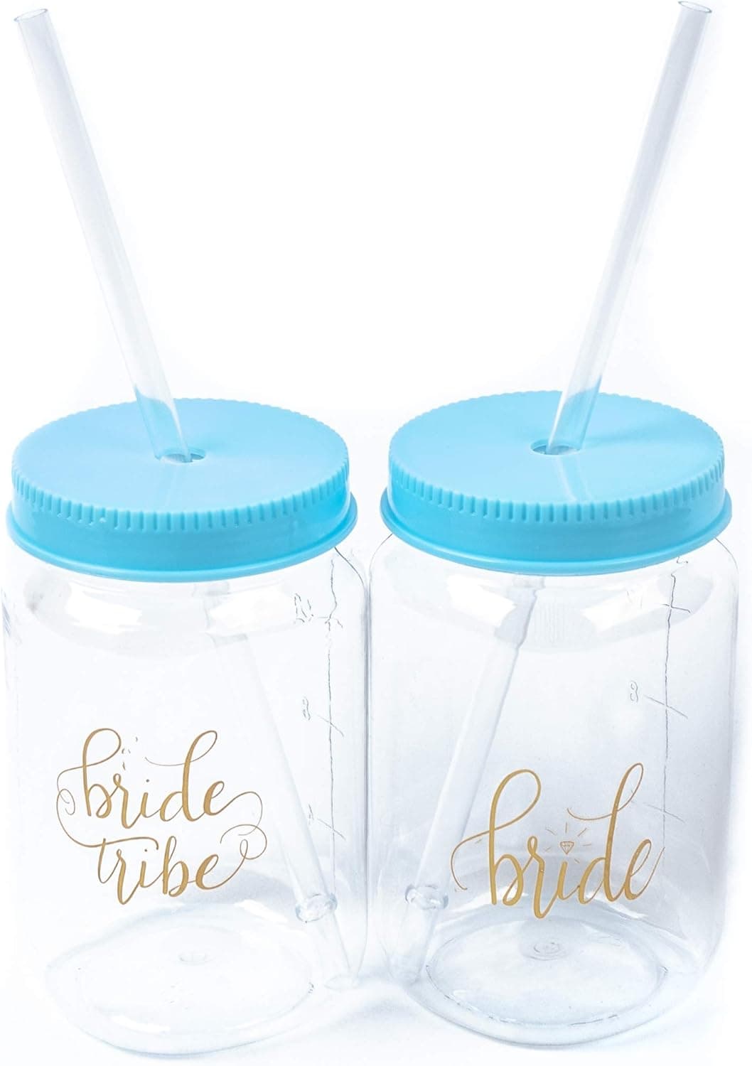10 Piece Set of 16 oz. Turquoise Bride Tribe and Bride Plastic Mason Jars, Perfect for Bachelorette Parties, Weddings, and Bridal Showers (Turquoise Blue)