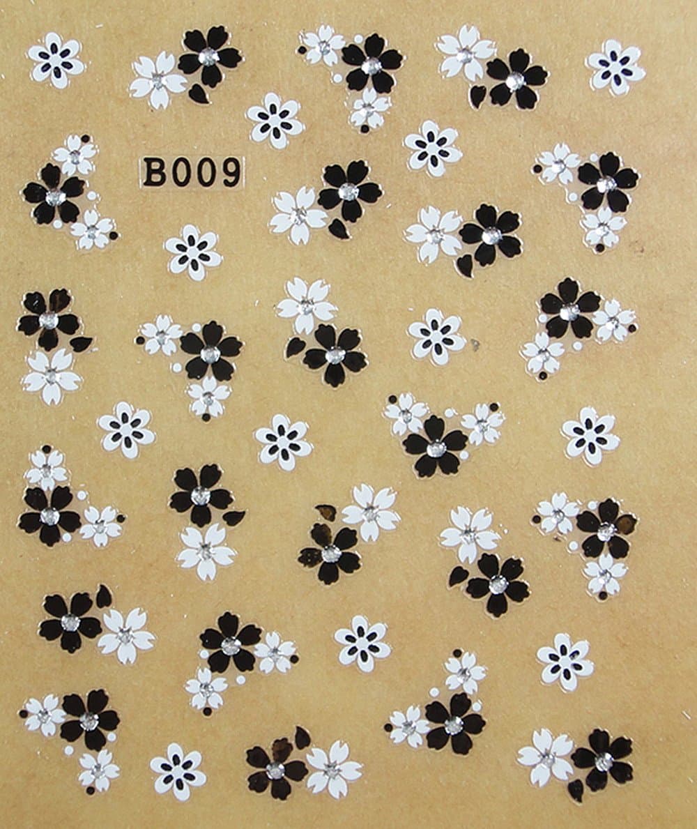 Egoodforyou BLE 3D Self Adhesive Nail Art Decal Sticker (Classics Jewelled Flowers Black and White) with onepackaged nail art flower sticker bonus