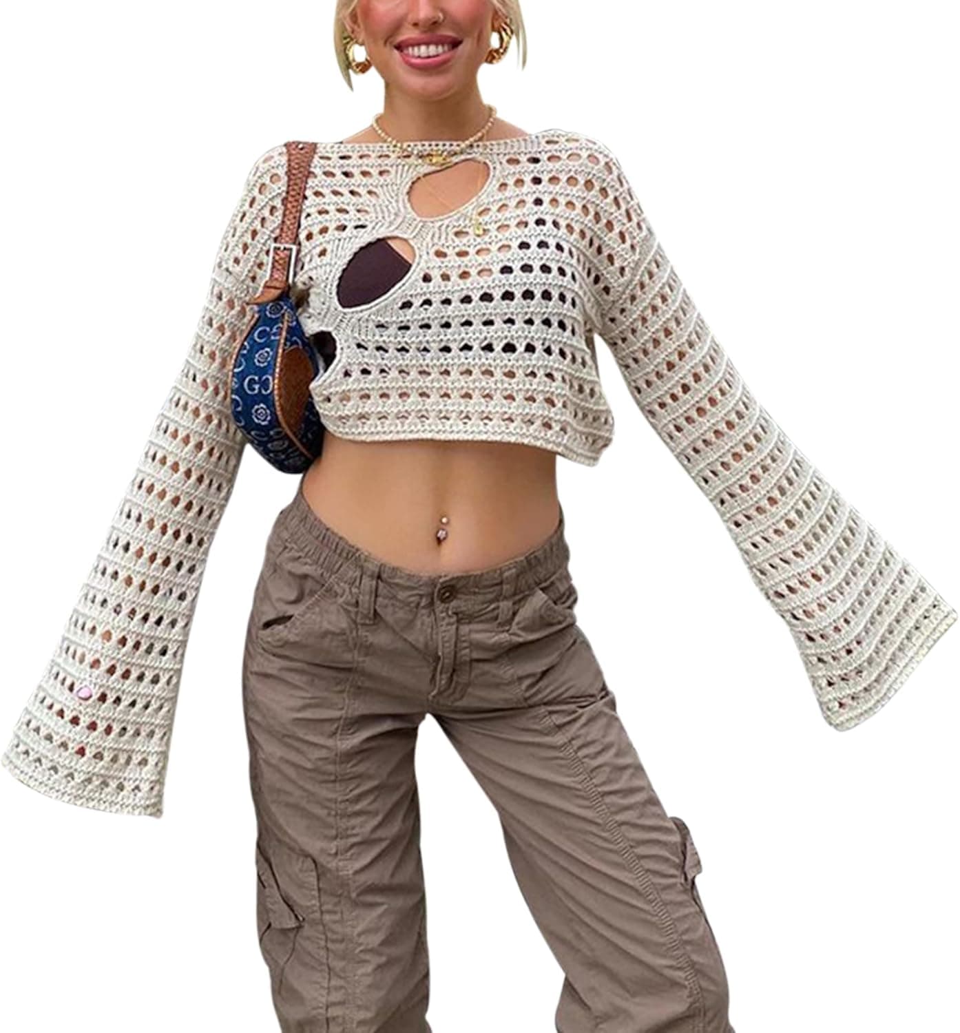 SAFRISIOR Women Hollow Out Crochet Knit Long Sleeve Crop Top Fishnet See Through Crop Shirt Tee Smock Pullover Cover Up