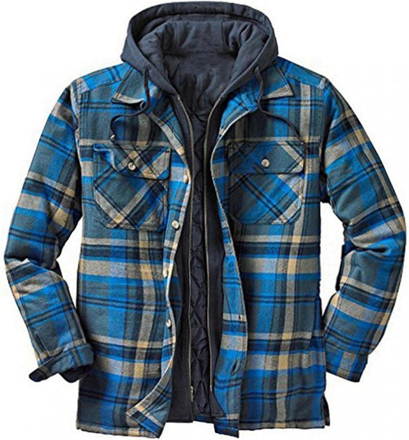 Realdo Mens Quilted Lined Button Down Plaid Flannel Shirt Thicken Jacket with Hood Long Sleeve Warm Big and Tall Jackets