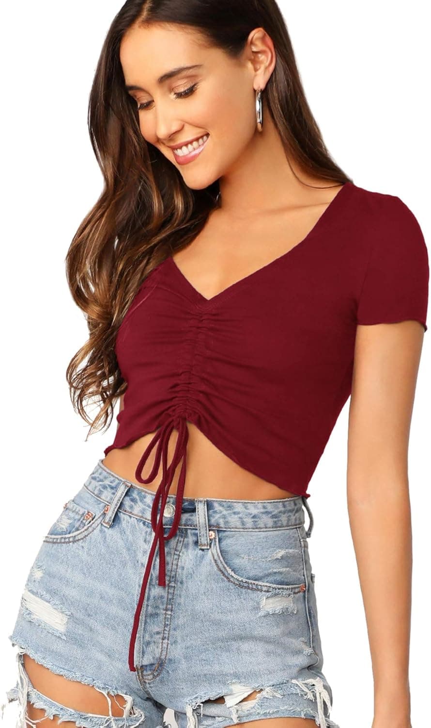 Verdusa Women's Ruched Drawstring Front V Neck Crop Tee Top Red M