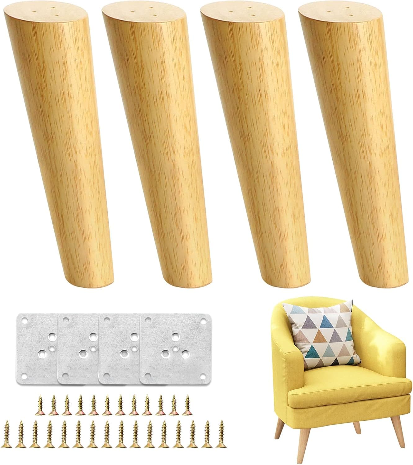 KOIKEY Mid Century Chair Furniture Legs 8 Inch Oblique Wooden Replacement Feet Perfect for Dresser, Couch, Cabinet, Sofa, Coffee Table, Ottoman, Wood Color, Set of 4