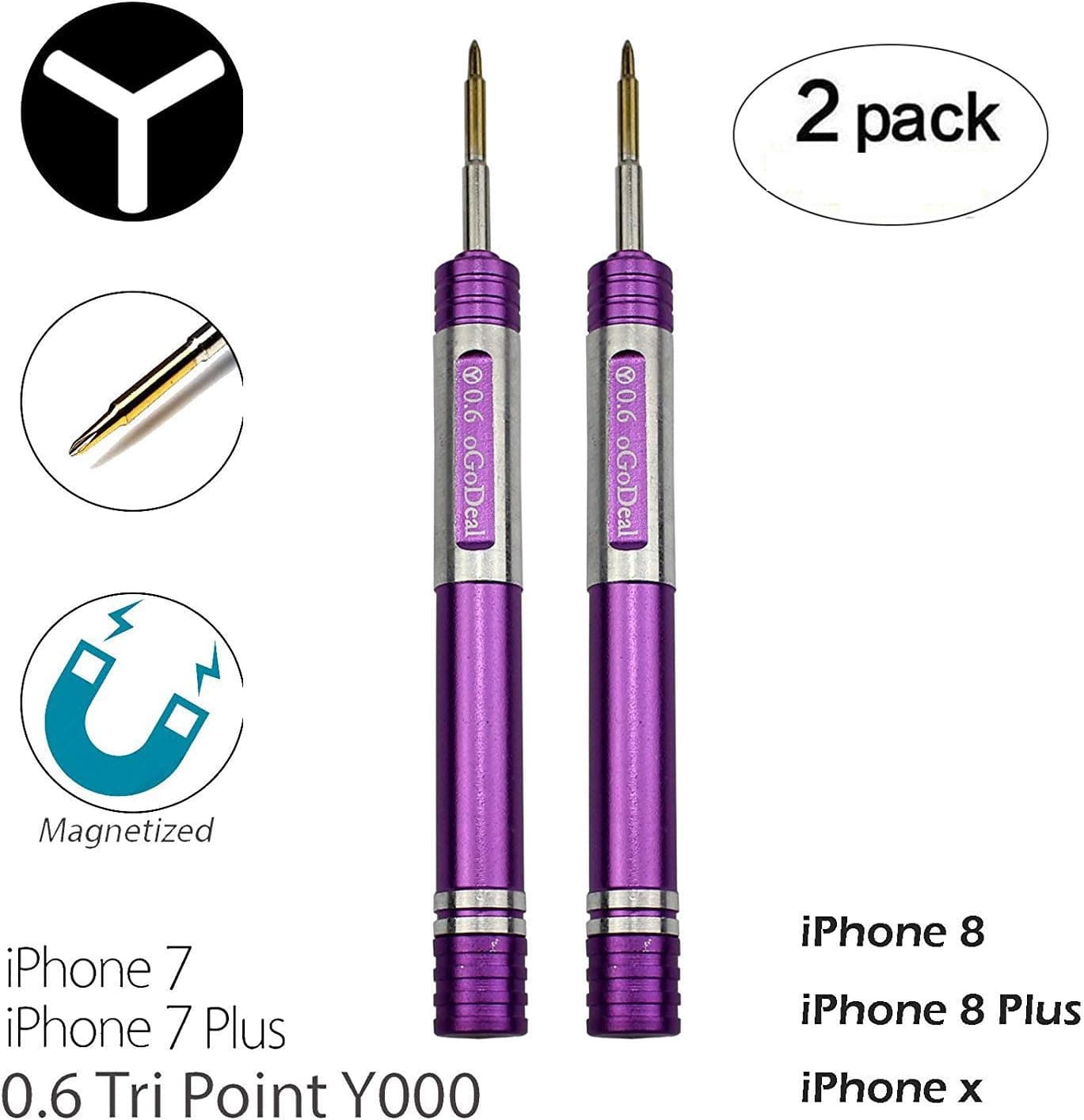 2 Pack Screwdrivers for iPhone 7 Plus Y000 0.6mm Triwing Tripoint Screwdriver Ogodeal Magnetic Y Tip Screwdriver for iPhone X 7 7 Plus 8 8 Plus Tri Wing Tip Tri Point Screwdriver