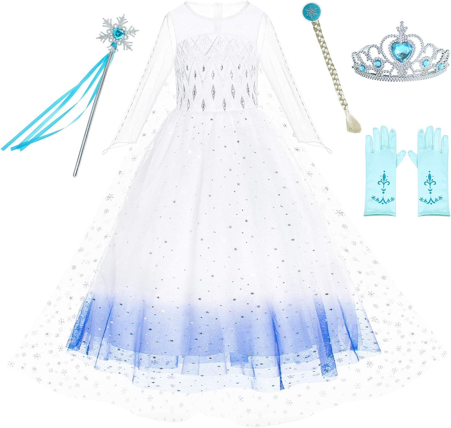 Princess Snow Queen Act 2 Costumes with Wig,Crown,Mace,Gloves Accessories 2T-9Y