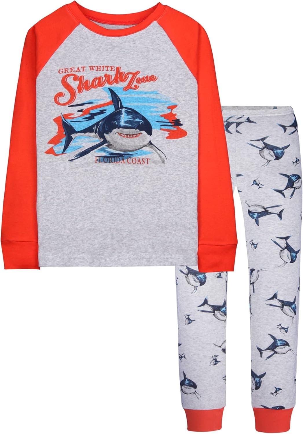 DAUGHTER QUEEN Boys Pajamas Size 7 Long Sleeve Pjs for Boys 7t 100% Cotton Pj Sets Kids Sleepwear Jammies Shark Clothes Medium, 6-7 Years Old,Orange/Grey