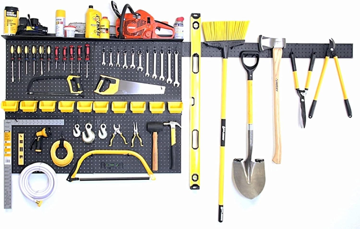 WALLPEG Pegboard Wall Organizer 96" x 40" Garage Pegboard Panel Organizer Utility Tool Storage Kit with Tool board Peg Hooks Accessories, Wall Mounted Storage Bins, Lawn Tool Rack Overhead Shelf (Black Pegboard)