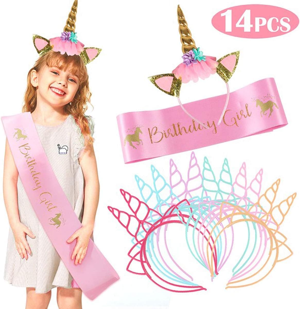 14pcs Unicorn Birthday Girl Set Unicorn Headband Gold Horn Plastic Unicorn Headbands with Pink Satin Sash for Girls,Unicorn Headband Party Supplies, Favors and Decorations